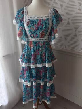 Boutique Women's Medium Teal Floral Pleated Ruffle Lace Tiered Dress